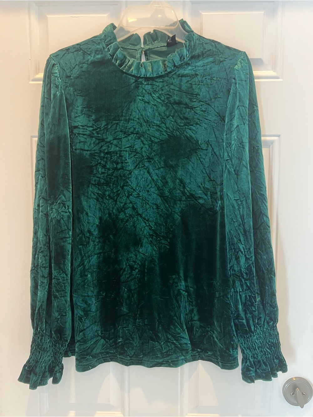 SHEIN Women's XL Hunter Green Velvet Top Ruffle Mock Neck Long Sleeve #832